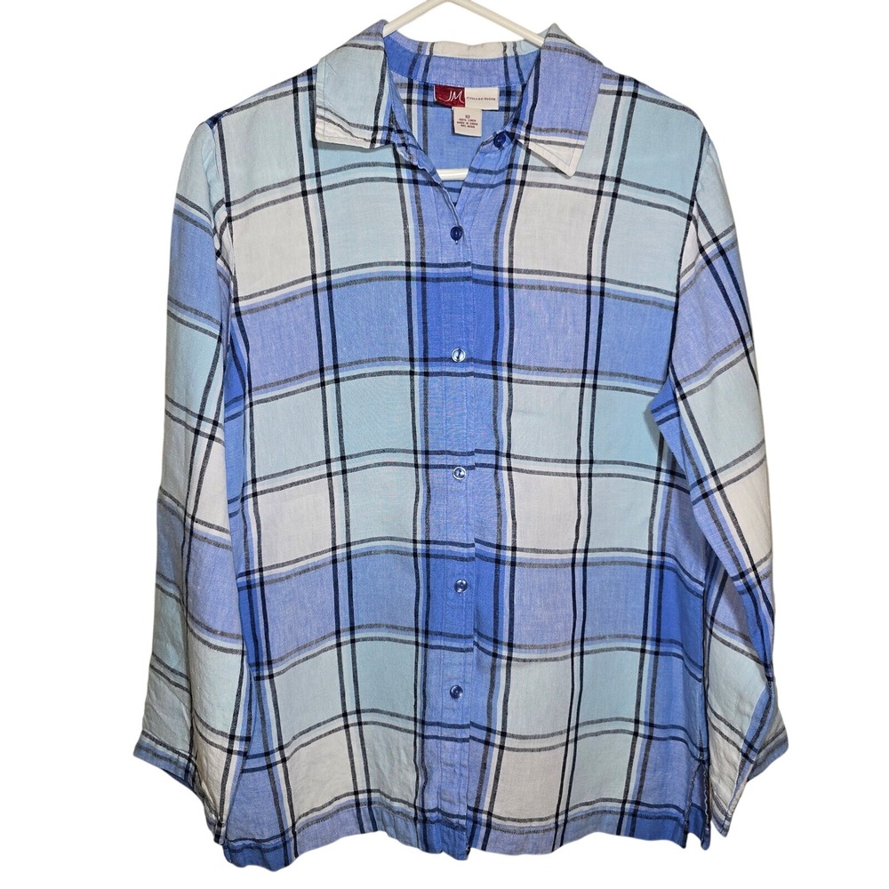 JM‎ Collection Women's Blue Plaid 100% Linen Size 10 Long Sleeve Button up